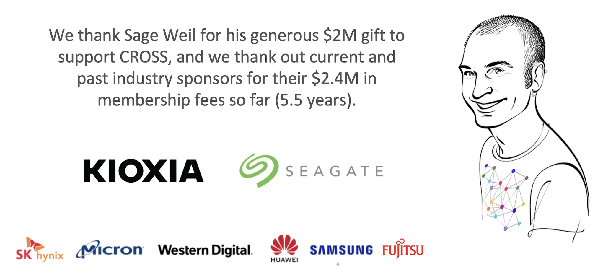 We thank Sage Weil for his generous $2M gift to support CROSS, and we thank our current and past industry sponsors: Kioxia, Seagate, Fujitsu, SK Hynix, Micron, Western Digital, Huawei, and Samsung